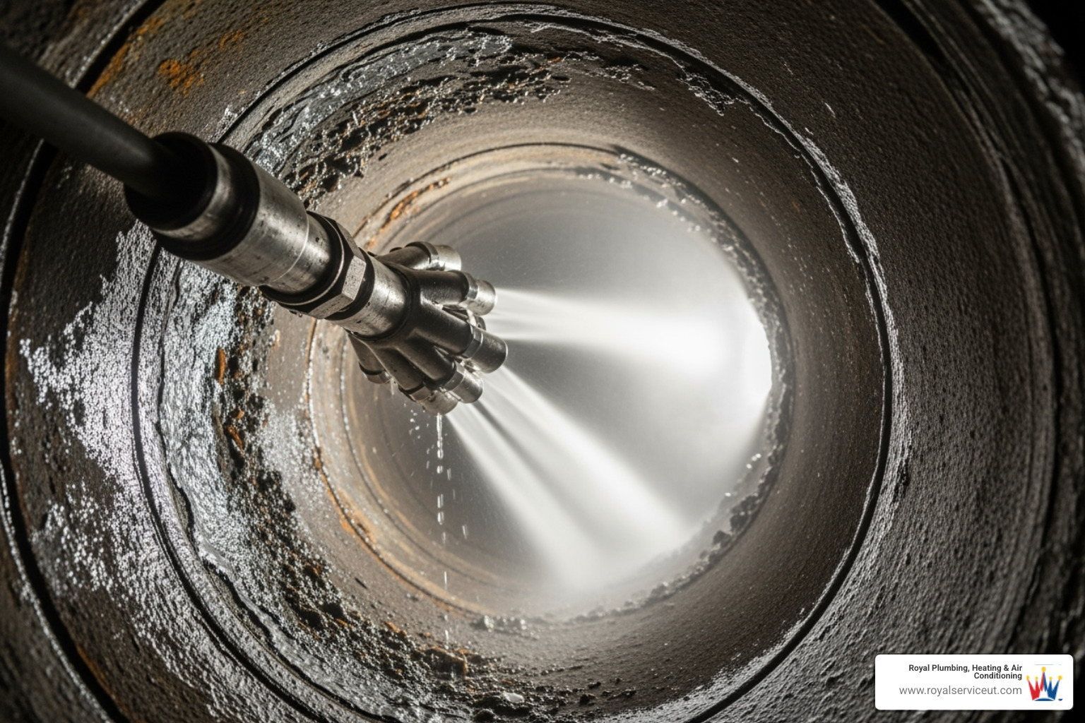 hydro jetting nozzle spraying inside a pipe - hydrojetting west valley city ut