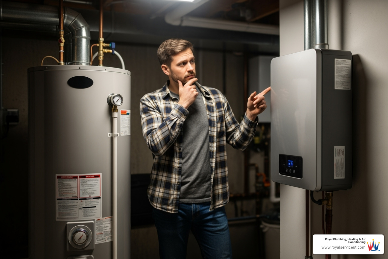 homeowner comparing a tank and tankless water heater - water heater installation salt lake city ut homeowner comparing a tank and tankless water heater - water heater installation salt lake city ut