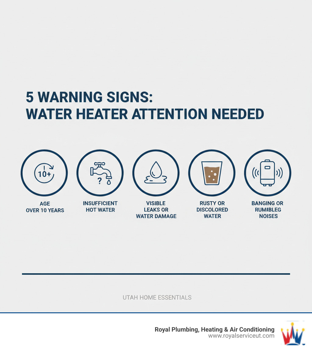 Infographic showing 5 key warning signs your water heater needs attention: Age over 10 years, insufficient hot water supply, visible leaks or water damage, rusty or discolored water, and unusual banging or rumbling noises - water heater installation salt lake city ut infographic Infographic showing 5 key warning signs your water heater needs attention: Age over 10 years, insufficient hot water supply, visible leaks or water damage, rusty or discolored water, and unusual banging or rumbling noises - water heater installation salt lake city ut infographic