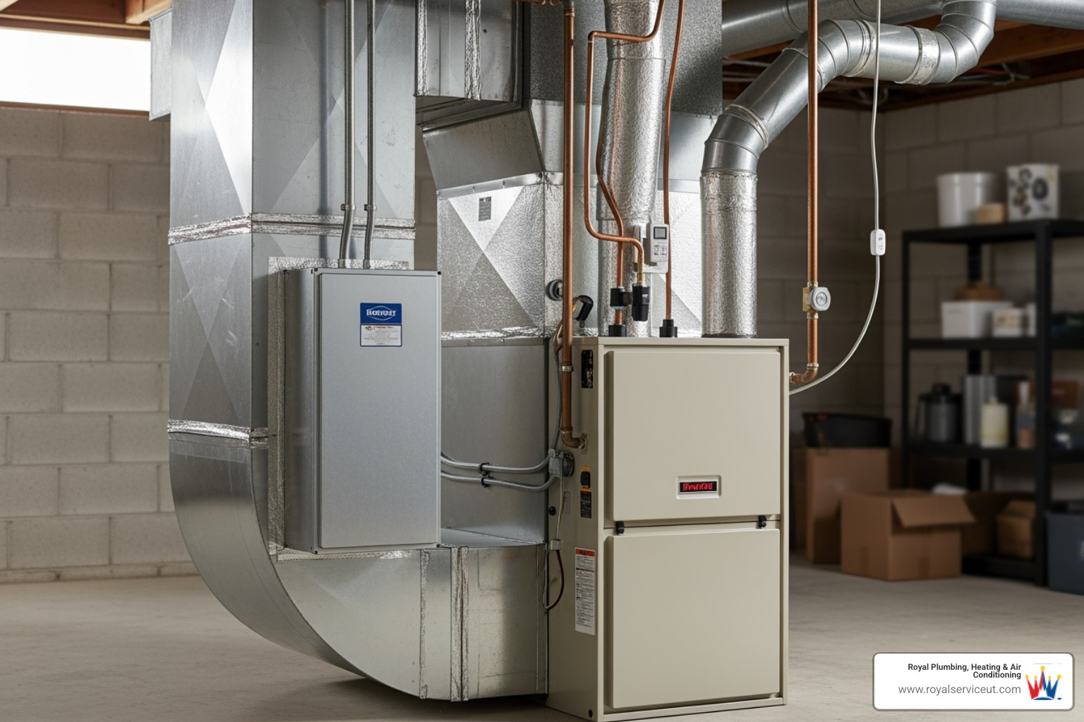 Image illustrating how a whole-home air purifier integrates with an HVAC system, showing it installed in the ductwork near the furnace - air purifier installation salt lake city ut
