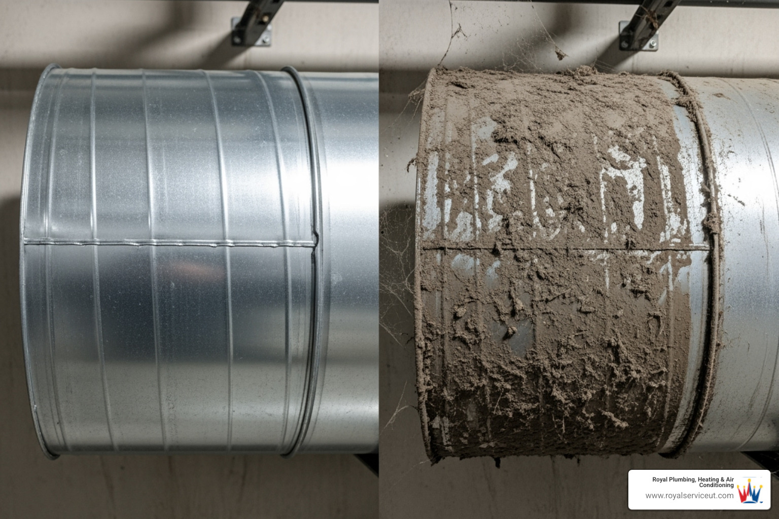 Clean air duct next to a dirty one, highlighting the before and after of air quality improvement - air purifier installation salt lake city ut