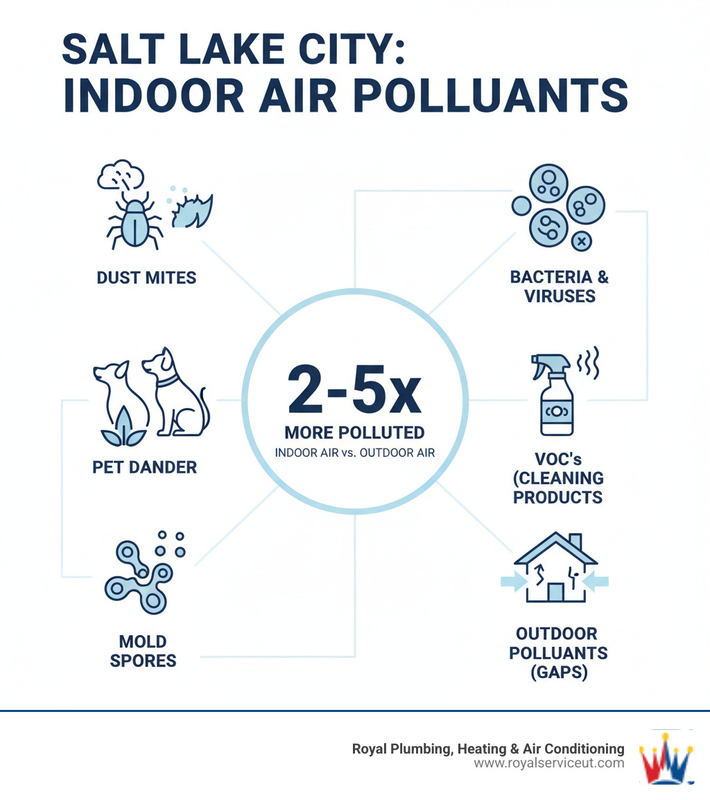 Infographic showing indoor air pollutants in Salt Lake City homes including dust mites, pet dander, pollen, mold spores, bacteria, viruses, VOCs from cleaning products, and outdoor pollutants that enter through gaps, with statistics showing indoor air can be 2-5 times more polluted than outdoor air - air purifier installation salt lake city ut infographic 