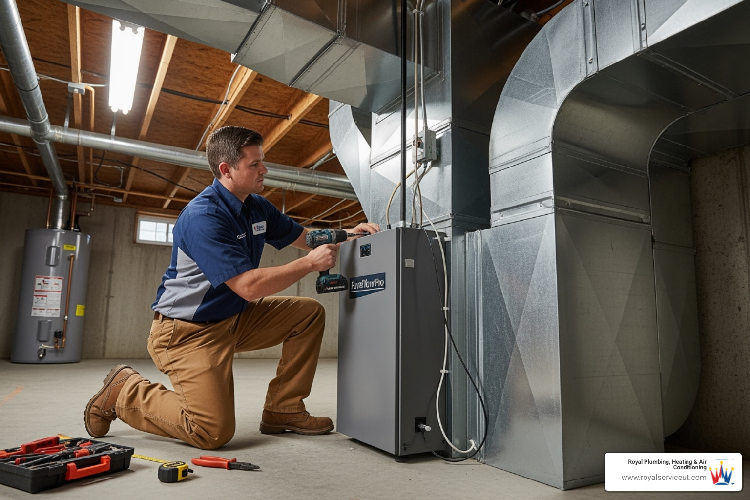 Image of a skilled technician installing a whole-home air purifier into the main return duct of an HVAC system - air purifier installation salt lake city ut