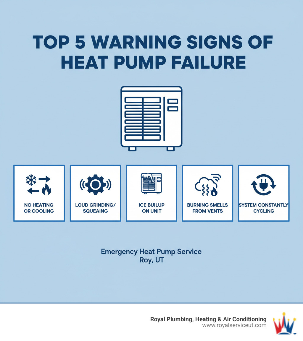Infographic showing the top 5 warning signs of heat pump failure: 1) No heating or cooling despite running, 2) Loud grinding or squealing noises, 3) Ice buildup on outdoor unit, 4) Burning smells from vents, 5) System constantly cycling on and off - emergency heat pump service roy ut infographic 