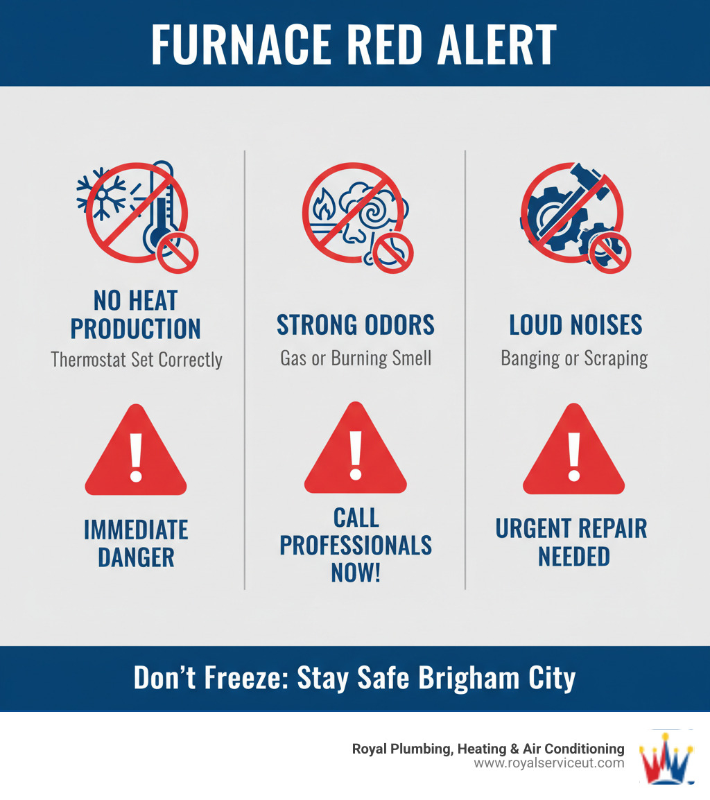 Infographic showing three critical emergency furnace repair warning signs: no heat production with thermostat set properly, strong gas or burning odors coming from the unit, and loud banging or scraping noises during operation, with red alert symbols and text indicating when to call for immediate professional help - emergency furnace repair brigham city ut infographic 