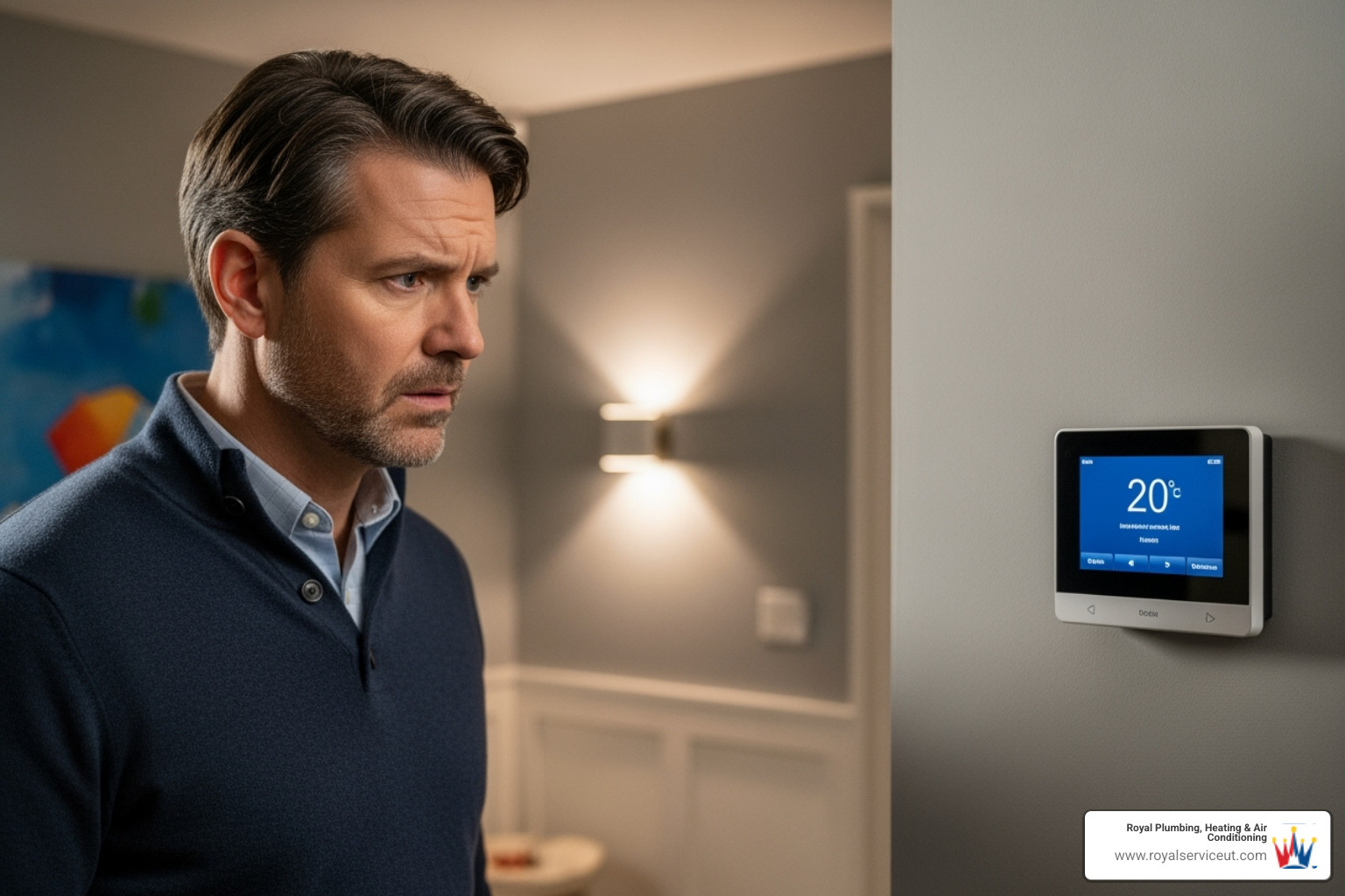 a homeowner looking concerned at their thermostat - annual ac tune‑up salt lake city ut