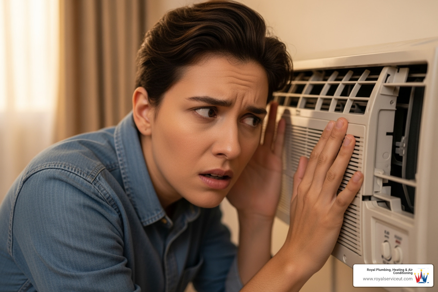 a person listening to their AC unit with a concerned expression - ac tune‑up kearns ut