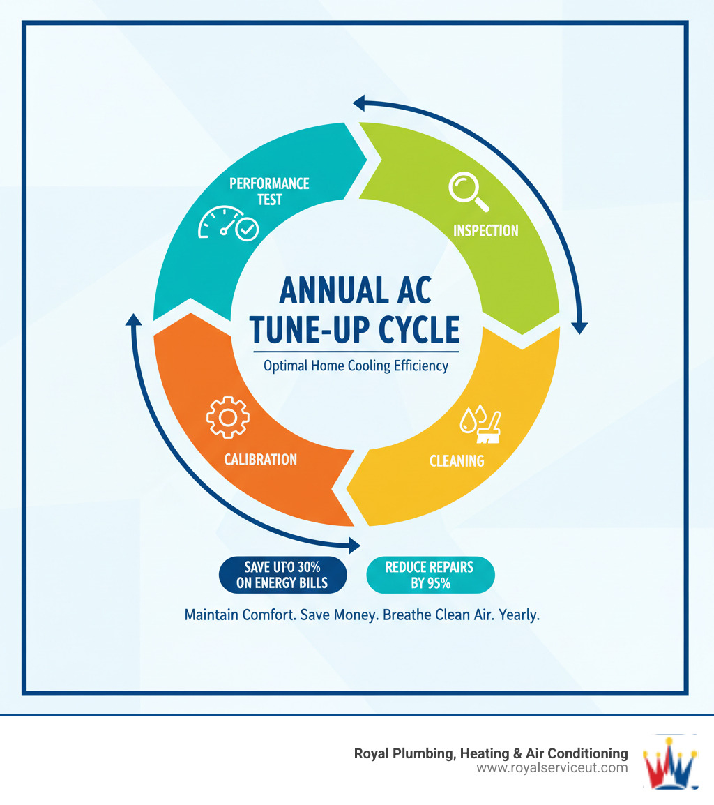 Comprehensive AC tune-up process showing annual maintenance cycle with inspection, cleaning, calibration, and performance testing stages for optimal home cooling efficiency - ac tune‑up kearns ut infographic 