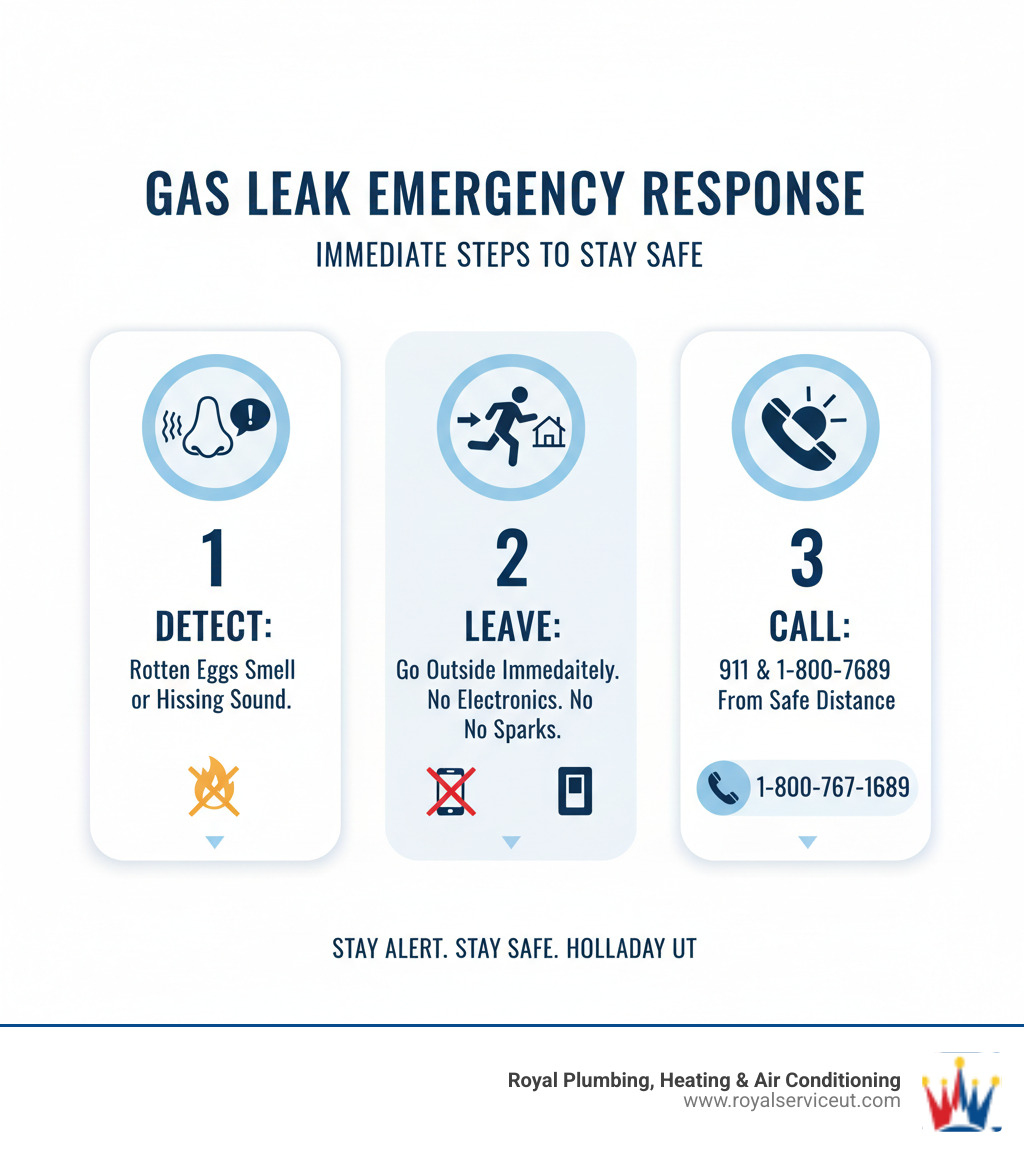 Infographic showing gas leak emergency response steps: 1. Detect the smell of rotten eggs or hear hissing sounds, 2. Leave the area immediately without using electronics or creating sparks, 3. Call 911 and Dominion Energy emergency line 1-800-767-1689 from a safe location - gas leak emergency holladay ut infographic 