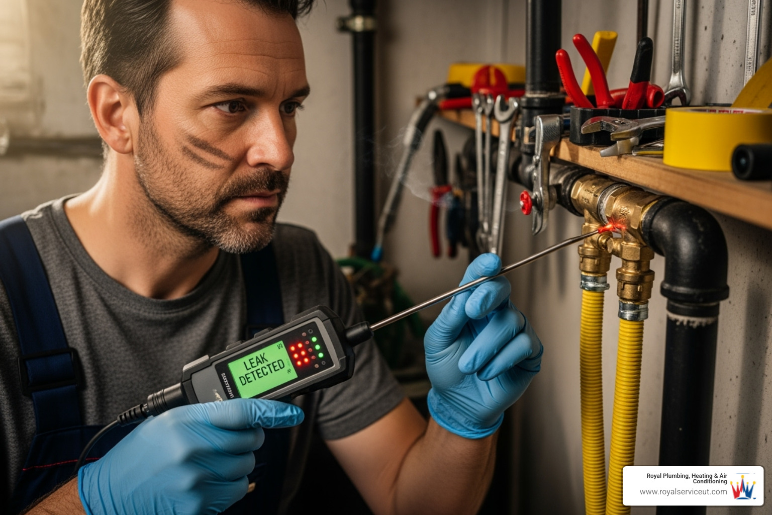 Professional plumber using a leak detector on a gas line - gas line repair midvale ut