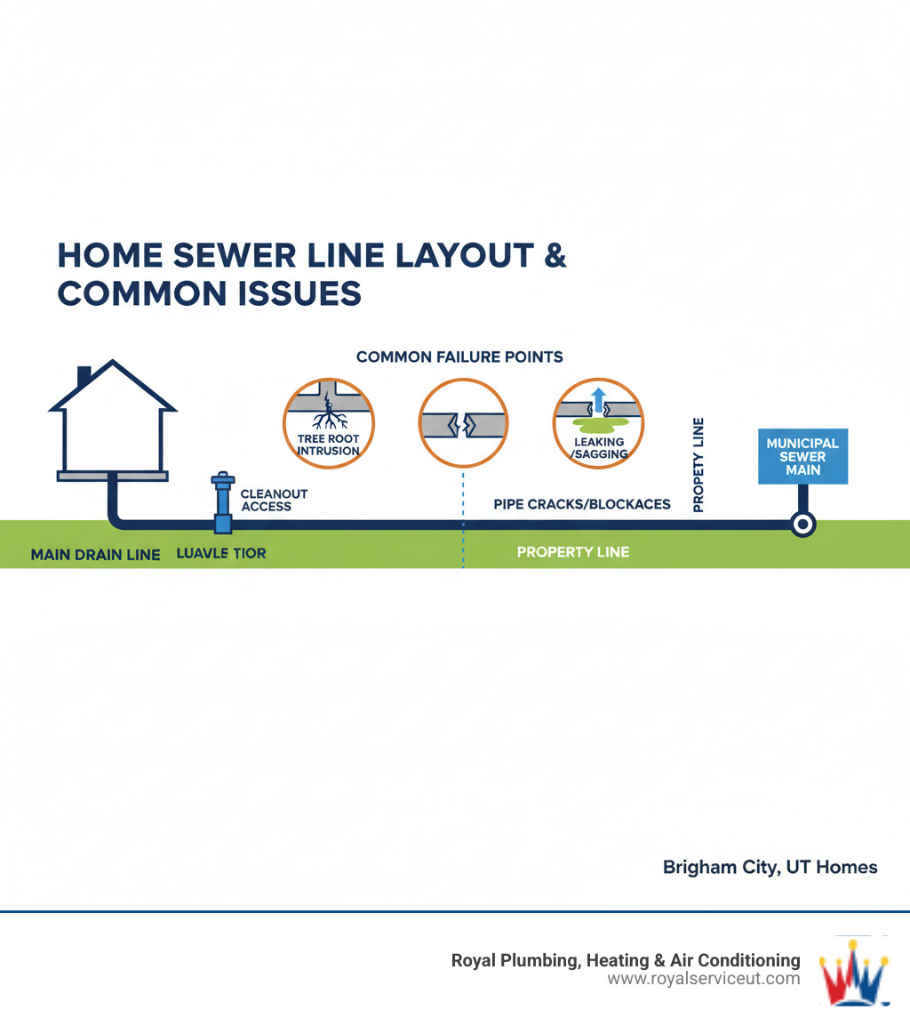 Infographic showing residential sewer line layout from house foundation through yard to municipal connection, including key components like main drain line, cleanout access, property line connection, and common failure points - sewer line replacement brigham city ut infographic  Infographic showing residential sewer line layout from house foundation through yard to municipal connection, including key components like main drain line, cleanout access, property line connection, and common failure points - sewer line replacement brigham city ut infographic