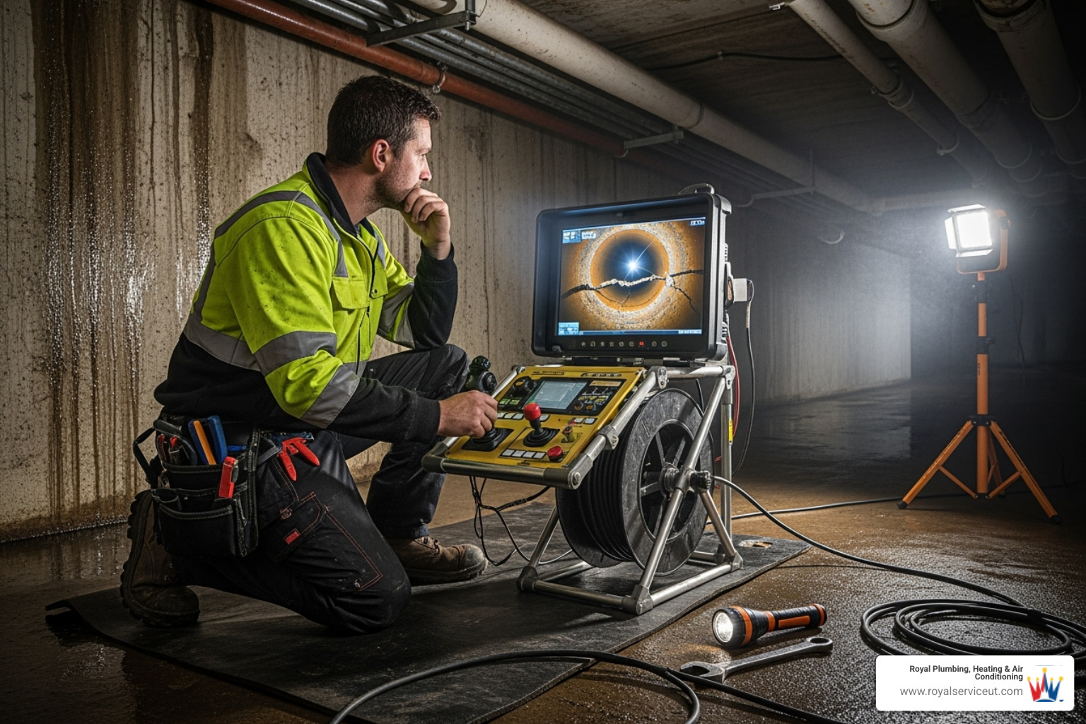 Technician performing a video camera sewer inspection on a monitor, showing pipe interior - sewer line replacement brigham city ut Technician performing a video camera sewer inspection on a monitor, showing pipe interior - sewer line replacement brigham city ut