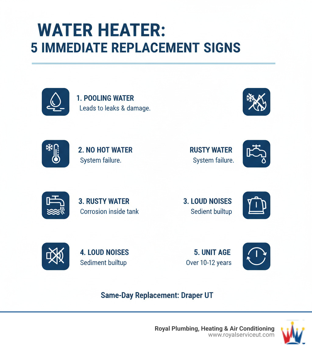 Infographic showing the top 5 signs a water heater needs immediate replacement: pooling water at base, no hot water production, rusty or discolored water, loud rumbling or popping noises, and unit age over 10-12 years - same‑day water heater replacement draper ut infographic 