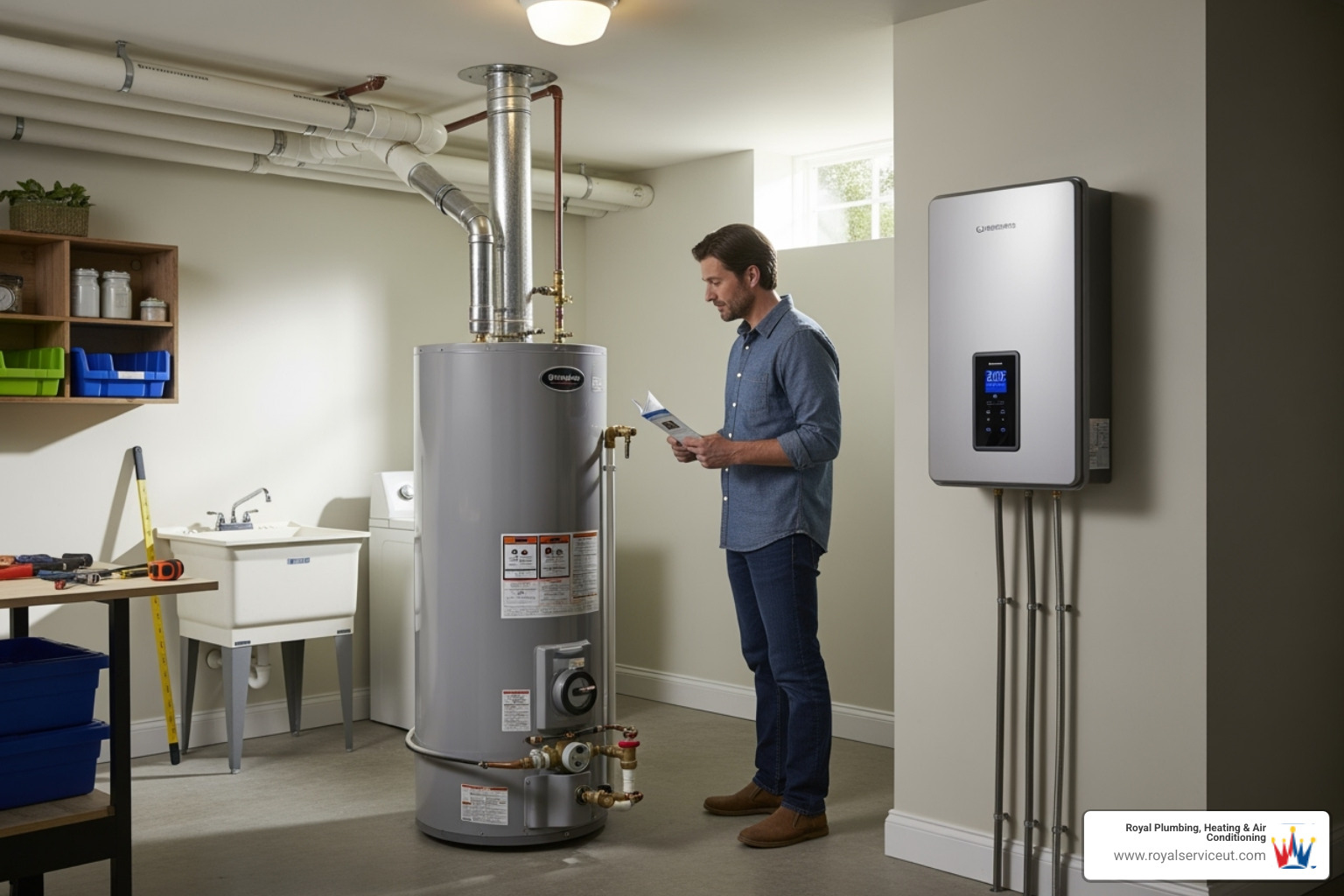 Homeowner looking at a tank and a tankless water heater - same‑day water heater replacement draper ut