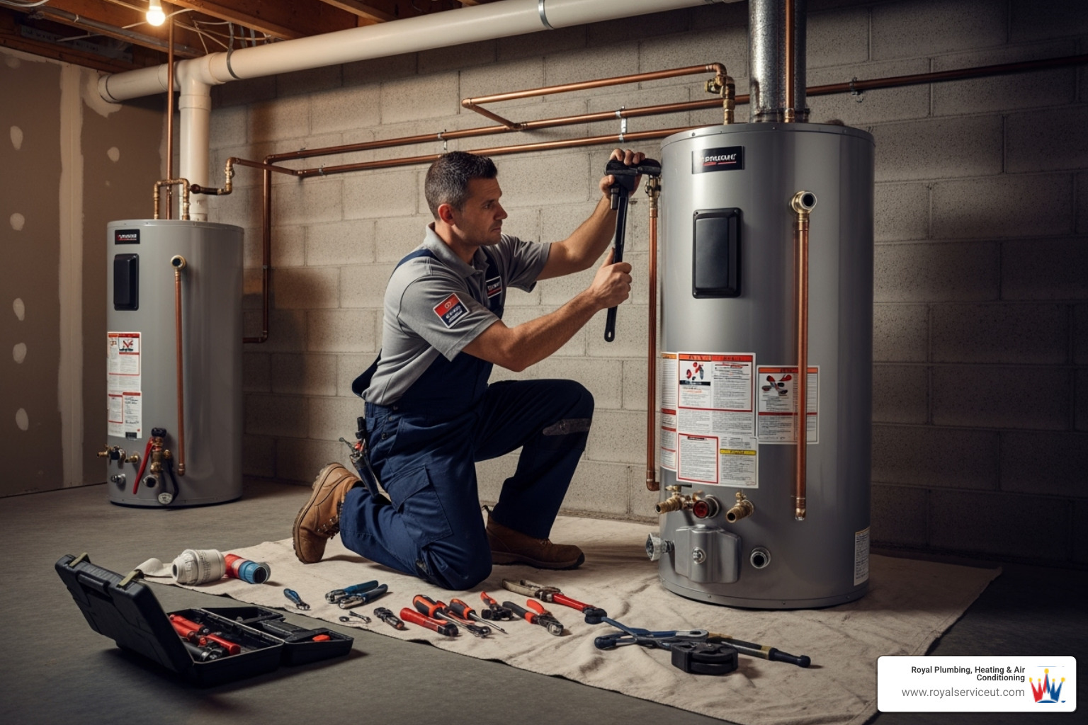 Technician professionally installing a new water heater - same‑day water heater replacement draper ut
