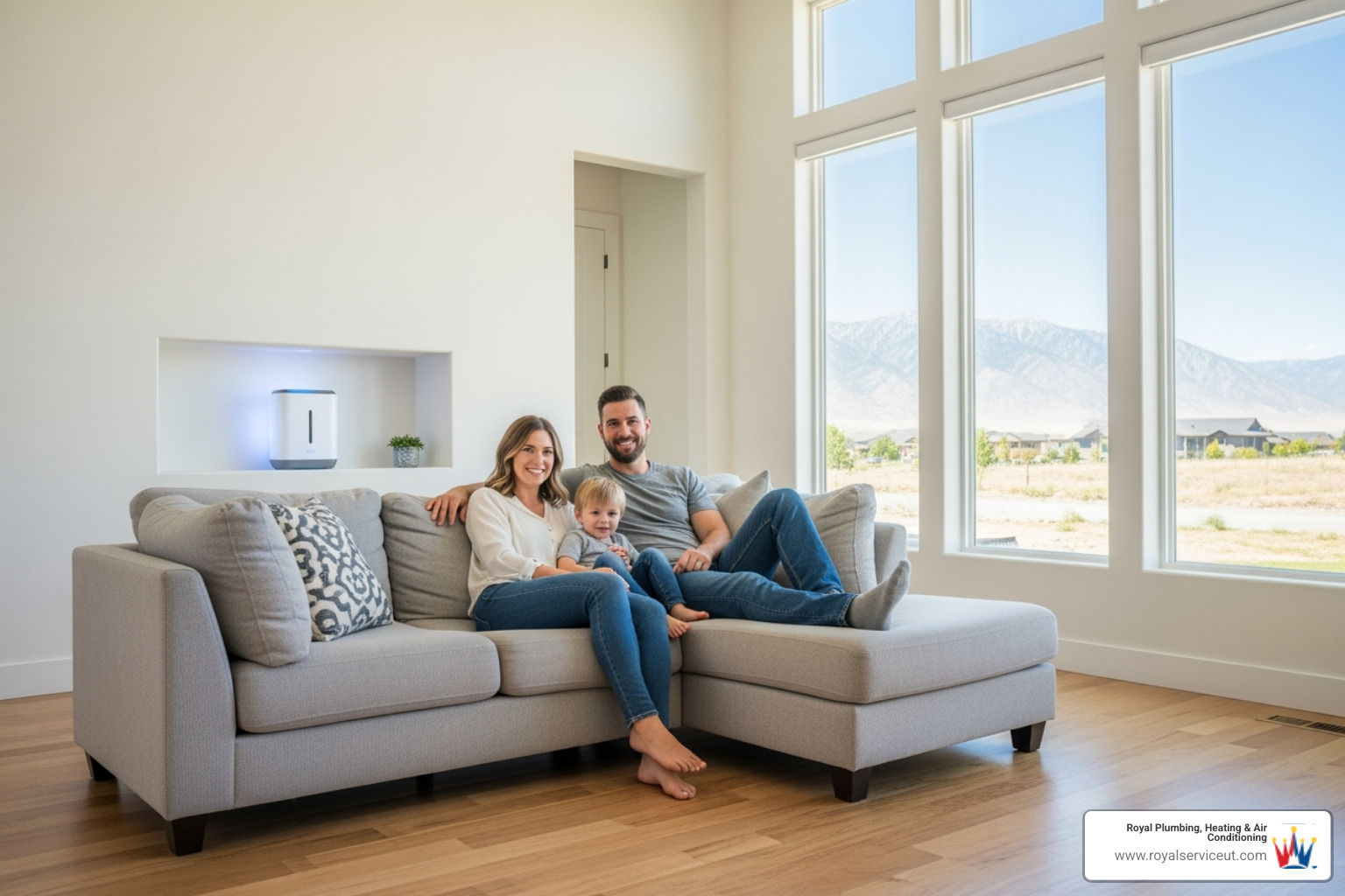 A happy family enjoying fresh air in their modern Midvale home, with a subtle glow from a hidden air scrubber in the background - air scrubber installation midvale ut
