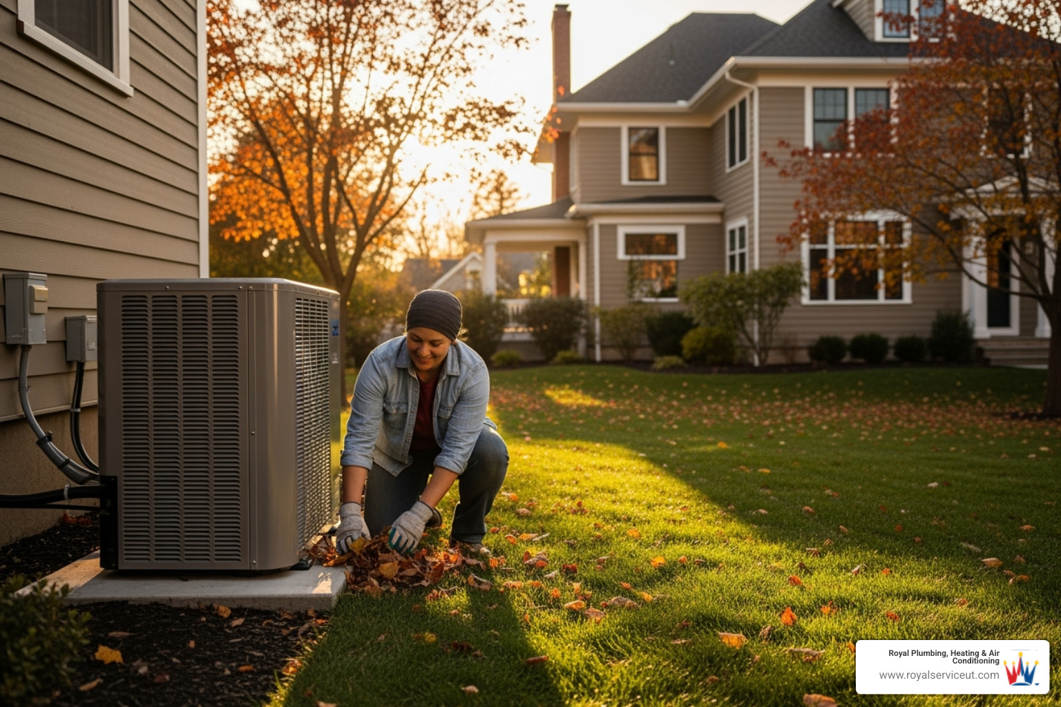 homeowner clearing debris from around an outdoor heat pump unit - heat pump maintenance west valley city ut
