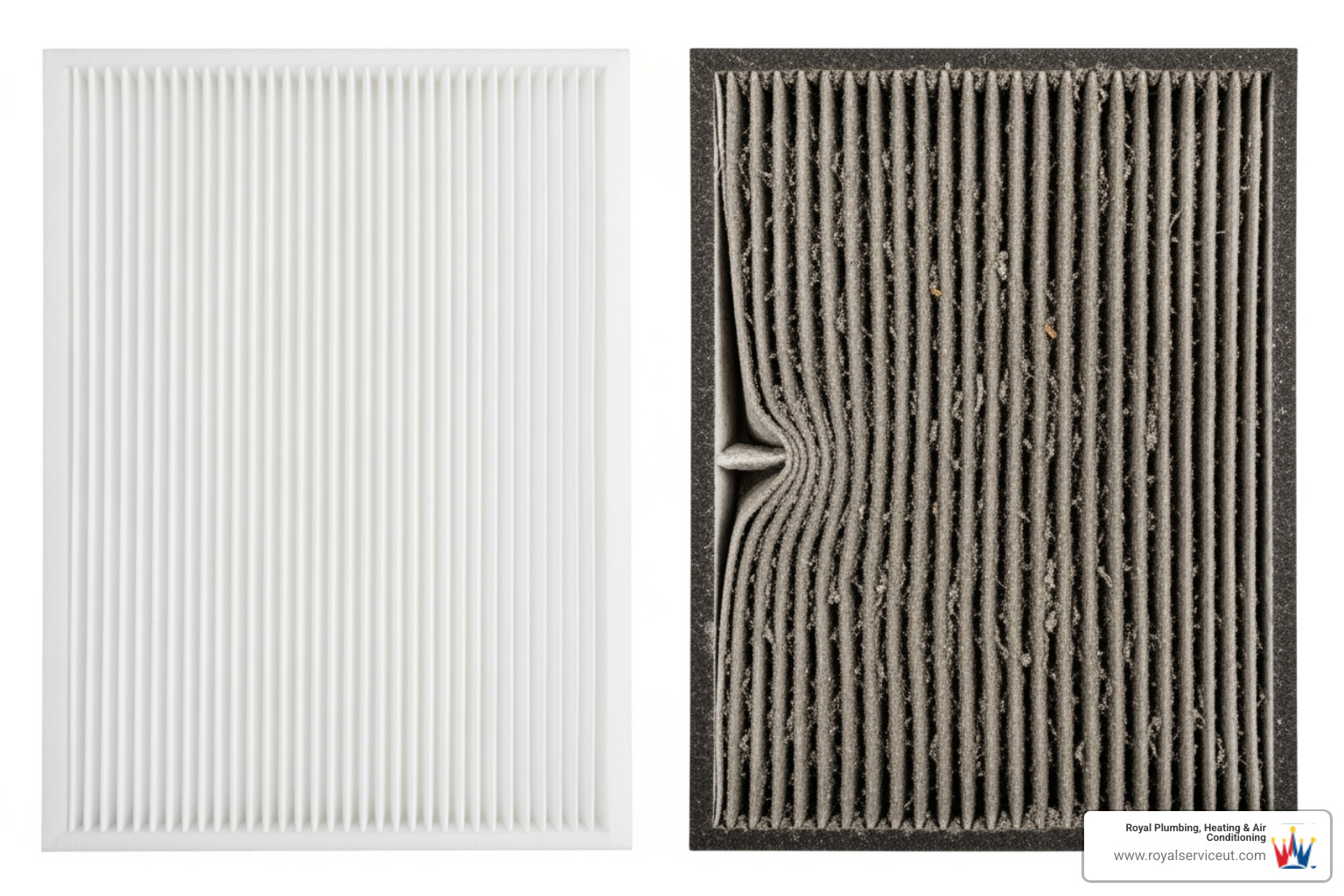 Comparison of a clean furnace filter versus a dirty, clogged filter - gas furnace maintenance roy ut