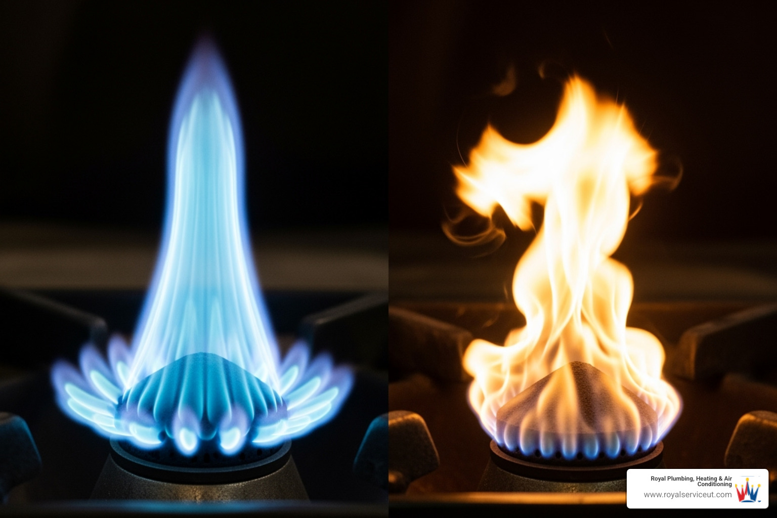 Image illustrating a healthy blue furnace flame versus a problematic yellow or flickering flame - gas furnace maintenance roy ut