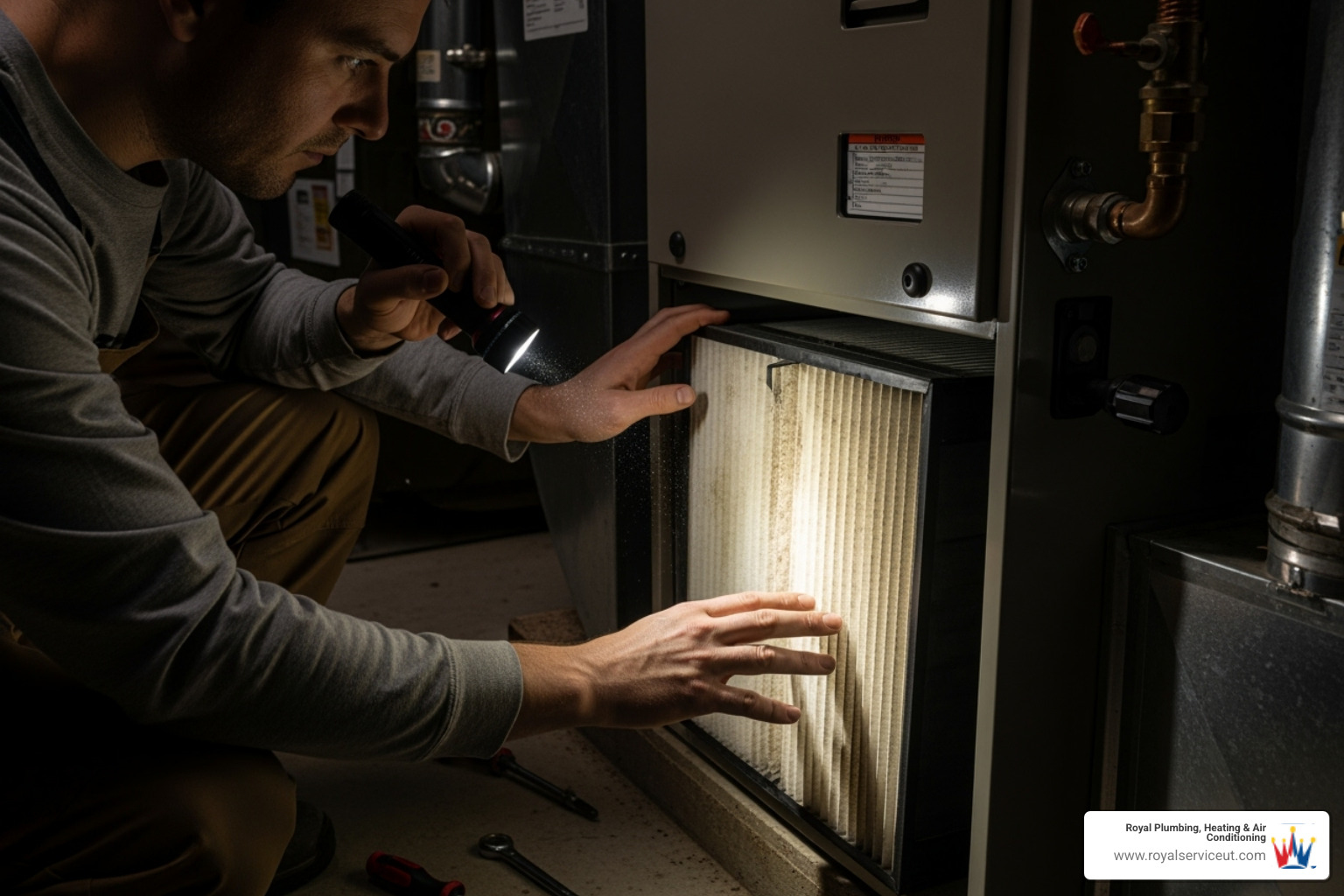 A person checking their HVAC filter with a flashlight - filter replacement holladay ut A person checking their HVAC filter with a flashlight - filter replacement holladay ut