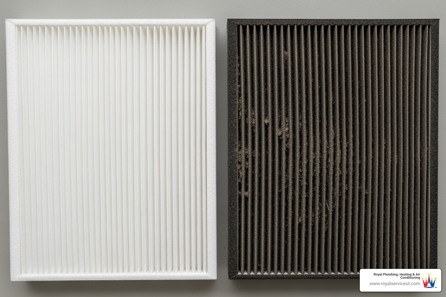 A clean air filter held next to a dirty, clogged one - filter replacement holladay ut A clean air filter held next to a dirty, clogged one - filter replacement holladay ut