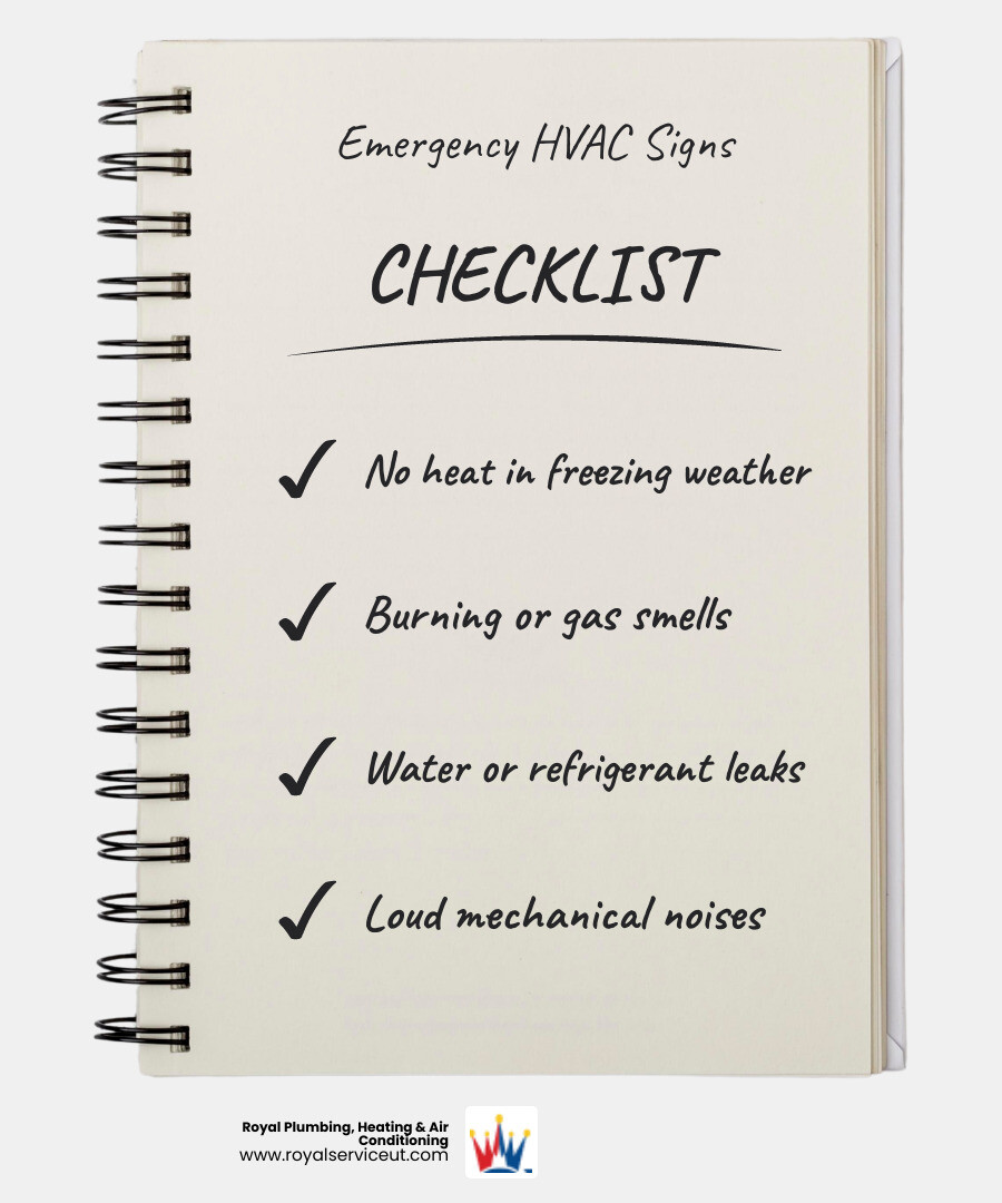 infographic showing five emergency HVAC warning signs: no heat in freezing weather, burning or gas smells, loud mechanical noises, complete system failure, and water or refrigerant leaks with icons for each - overnight hvac repair ogden ut infographic checklist-notebook infographic showing five emergency HVAC warning signs: no heat in freezing weather, burning or gas smells, loud mechanical noises, complete system failure, and water or refrigerant leaks with icons for each - overnight hvac repair ogden ut infographic checklist-notebook
