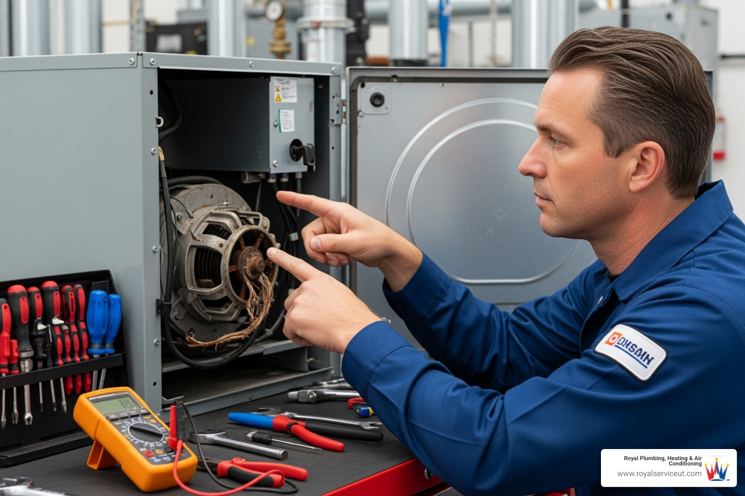 technician pointing to a worn-out part inside an HVAC unit - overnight hvac repair ogden ut technician pointing to a worn-out part inside an HVAC unit - overnight hvac repair ogden ut