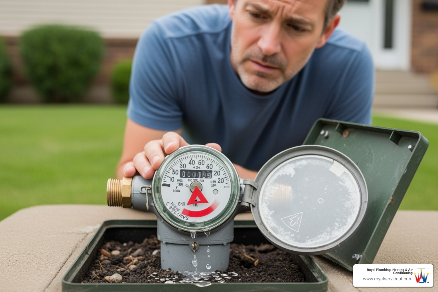 A homeowner looking at their water meter's leak indicator - leak repair west valley city ut A homeowner looking at their water meter's leak indicator - leak repair west valley city ut