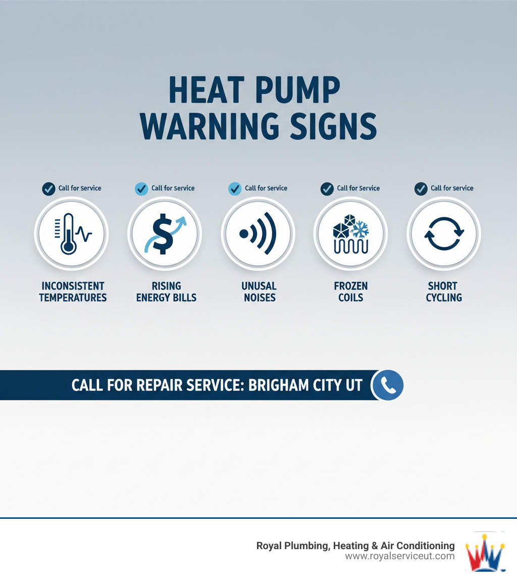 Infographic showing common heat pump warning signs including a thermometer indicating inconsistent temperatures, dollar sign for rising energy bills, sound waves for unusual noises, ice crystals for frozen coils, and a cycling arrow for short cycling, with checkmarks next to each indicating when to call for heat pump repair Brigham City UT service - heat pump repair brigham city ut infographic  Infographic showing common heat pump warning signs including a thermometer indicating inconsistent temperatures, dollar sign for rising energy bills, sound waves for unusual noises, ice crystals for frozen coils, and a cycling arrow for short cycling, with checkmarks next to each indicating when to call for heat pump repair Brigham City UT service - heat pump repair brigham city ut infographic