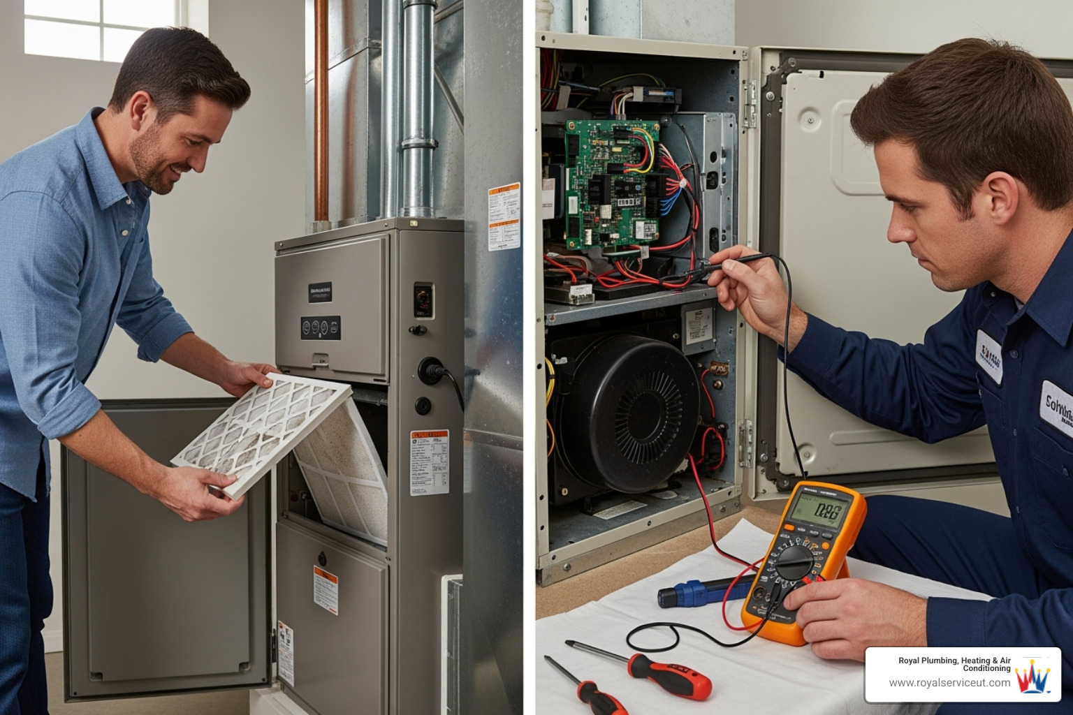 An image comparing a homeowner changing an air filter to a technician using diagnostic tools on a furnace - heater tune‑up kearns ut