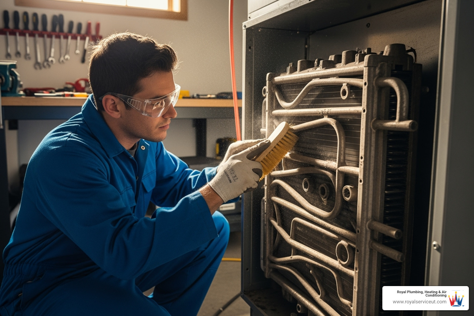 A technician cleaning a furnace component with a brush - heater tune‑up kearns ut