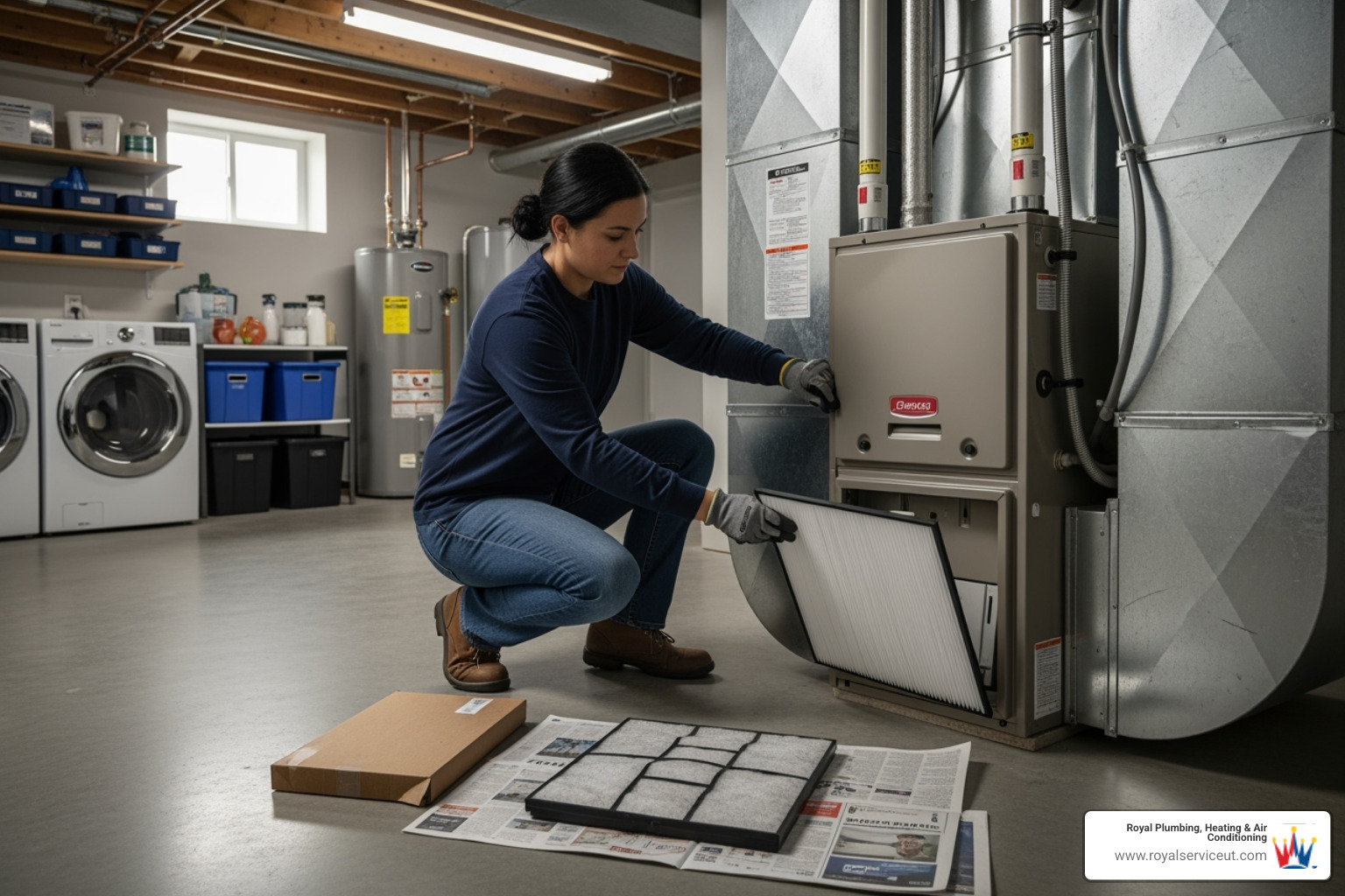 A homeowner changing a furnace air filter - furnace safety check kearns ut