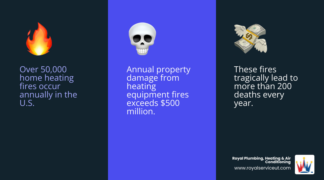 Infographic showing furnace safety statistics: 50,000 annual heating fires, 200+ deaths, $500M in damages; plus key safety components including annual professional inspections, carbon monoxide detector placement, monthly filter checks, clearance requirements around furnace, and warning signs like yellow flames and strange odors - furnace safety check kearns ut infographic 3_facts_emoji_blue