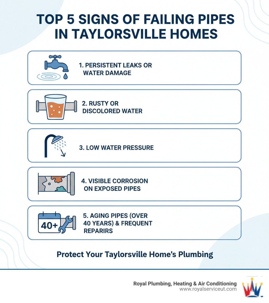 Infographic showing the top 5 signs of failing pipes in Taylorsville homes: persistent leaks or water damage, rusty or discolored water coming from taps, low water pressure throughout the house, visible corrosion or rust on exposed pipes, and aging pipes over 40 years old with frequent repair needs - pipe replacement taylorsville ut infographic Infographic showing the top 5 signs of failing pipes in Taylorsville homes: persistent leaks or water damage, rusty or discolored water coming from taps, low water pressure throughout the house, visible corrosion or rust on exposed pipes, and aging pipes over 40 years old with frequent repair needs - pipe replacement taylorsville ut infographic