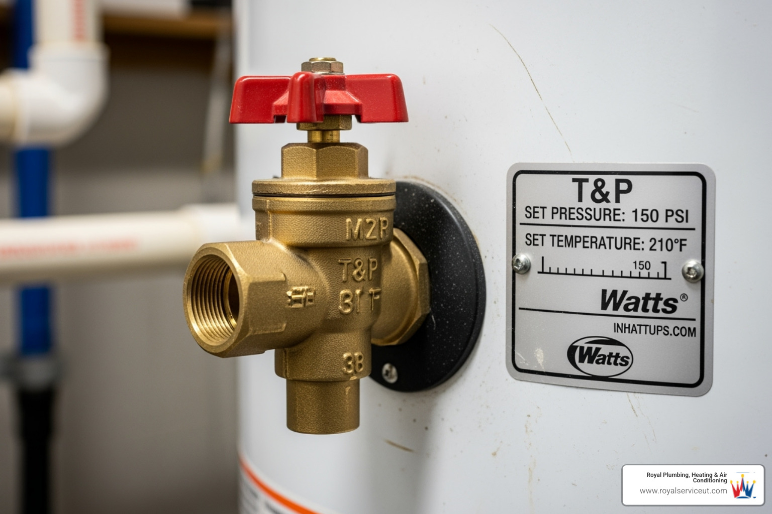 A close-up image of a T&P valve on a water heater, highlighting its components - water heater maintenance roy ut A close-up image of a T&P valve on a water heater, highlighting its components - water heater maintenance roy ut