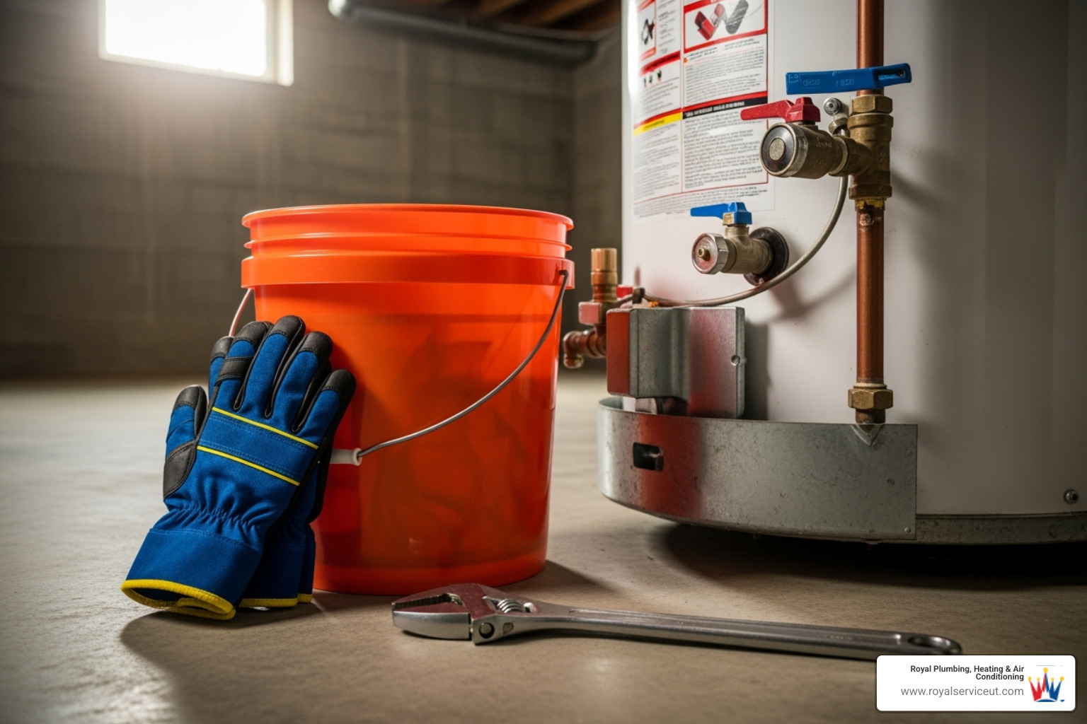 A DIY toolkit with gloves, a bucket, and a wrench next to a water heater, emphasizing safety gear and tools needed for maintenance - water heater maintenance roy ut A DIY toolkit with gloves, a bucket, and a wrench next to a water heater, emphasizing safety gear and tools needed for maintenance - water heater maintenance roy ut