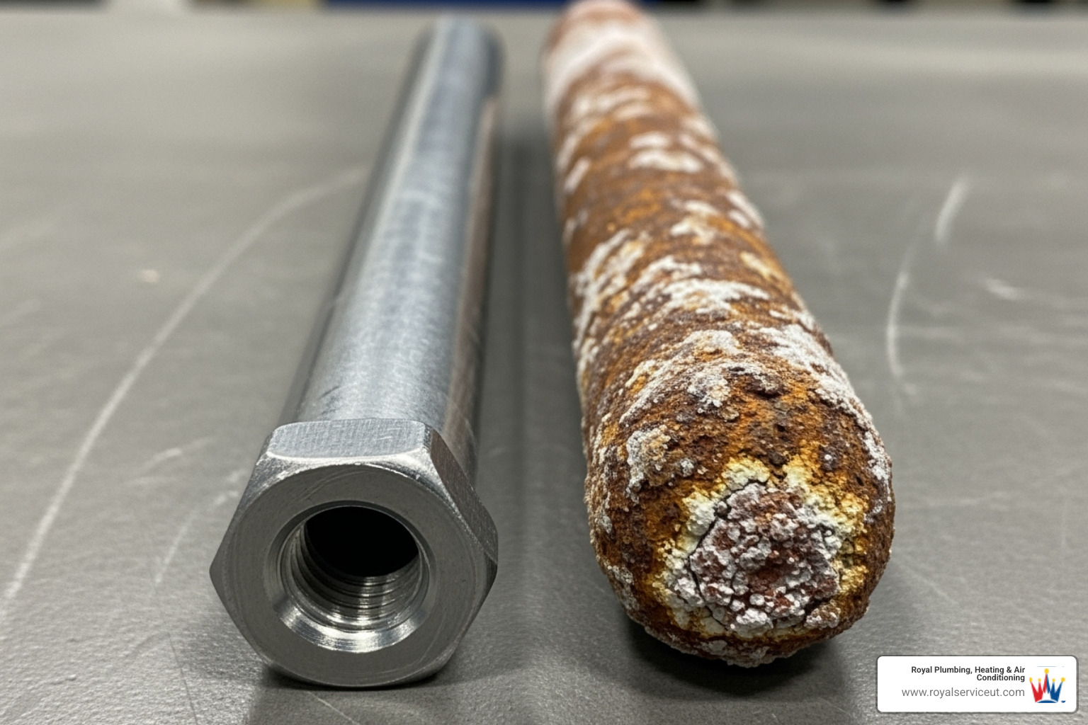 A visual comparison of a new anode rod next to a severely corroded anode rod, illustrating wear and tear - water heater maintenance roy ut A visual comparison of a new anode rod next to a severely corroded anode rod, illustrating wear and tear - water heater maintenance roy ut