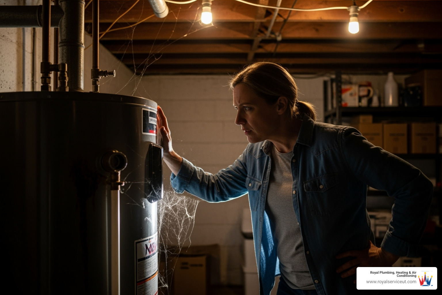 A homeowner looking concerned at a noisy water heater in a dimly lit basement - water heater maintenance roy ut A homeowner looking concerned at a noisy water heater in a dimly lit basement - water heater maintenance roy ut