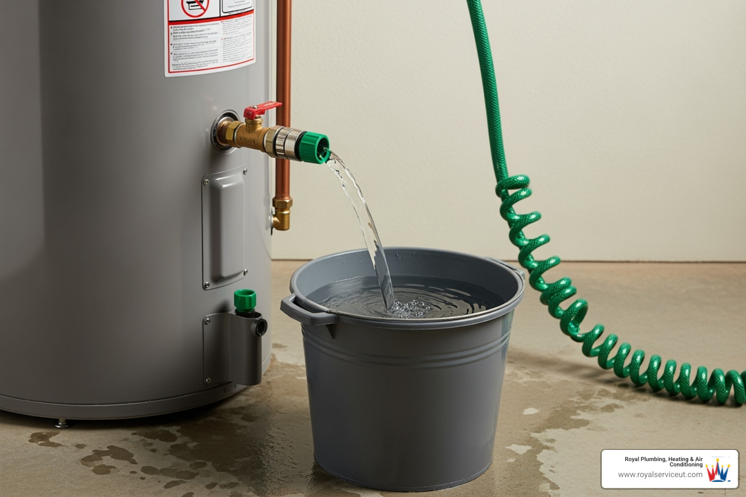 Water being drained from a water heater into a bucket, illustrating the flushing process - water heater maintenance roy ut Water being drained from a water heater into a bucket, illustrating the flushing process - water heater maintenance roy ut