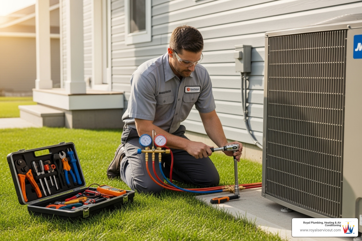 A certified HVAC technician professionally installing a new outdoor heat pump unit, carefully connecting lines and checking components with tools. - heat pump replacement ogden ut
