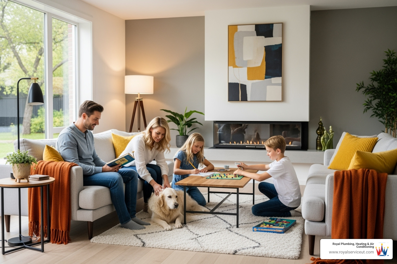 A family relaxing comfortably in their modern living room, enjoying a warm and well-lit space, showcasing the comfort provided by an efficient HVAC system. - heat pump replacement ogden ut