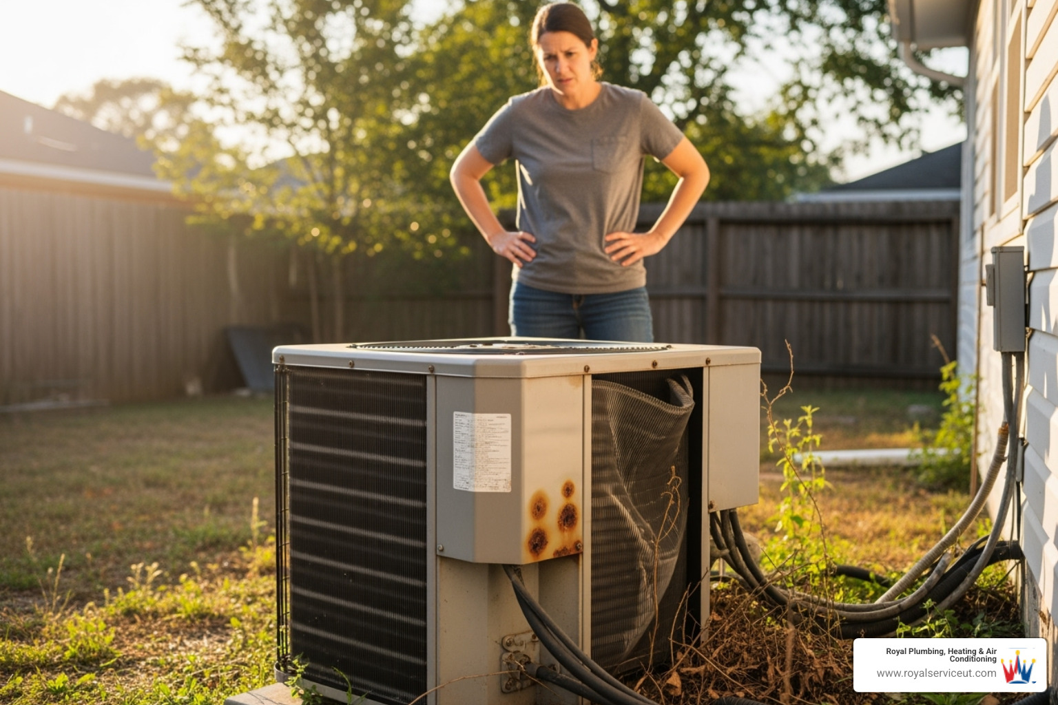 A homeowner looking concerned at their old, noisy HVAC unit outside their home, hands on hips, with a perplexed expression. - heat pump replacement ogden ut