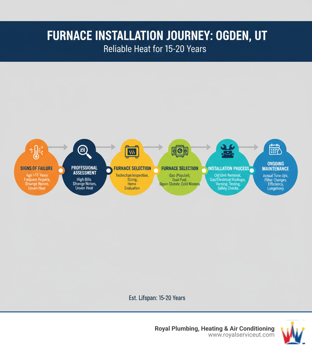 Infographic showing the complete furnace installation journey from initial signs of failure through professional assessment, furnace type selection, installation process steps, and ongoing maintenance requirements, with specific focus on Ogden UT climate considerations and typical 15-20 year lifespan expectations - furnace installation ogden ut infographic 