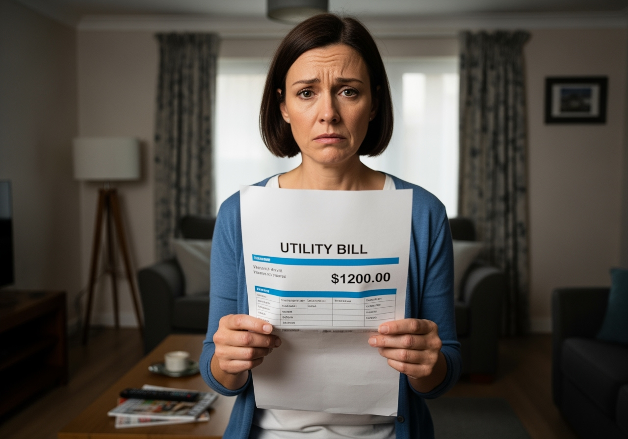 Homeowner looking concerned at a high utility bill - hvac system inspection roy ut