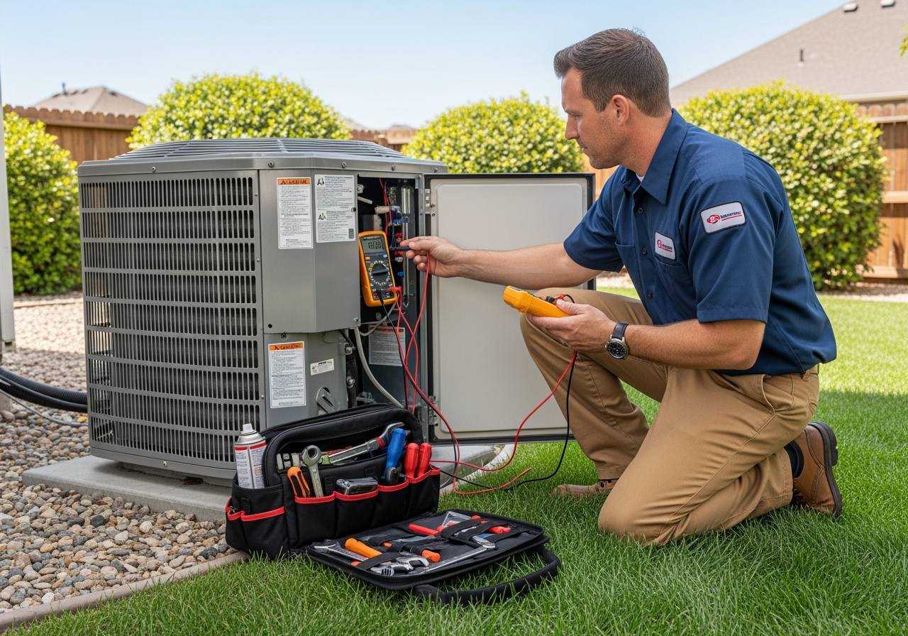 Technician professionally inspecting an outdoor air conditioning unit - hvac system inspection roy ut