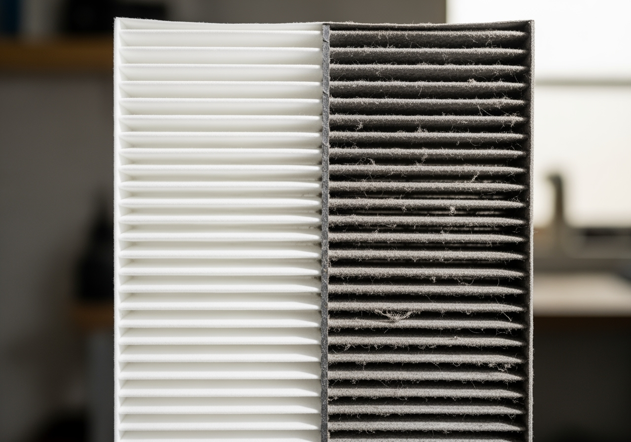 Clean HVAC air filter being held next to a dirty, clogged one - hvac system inspection roy ut