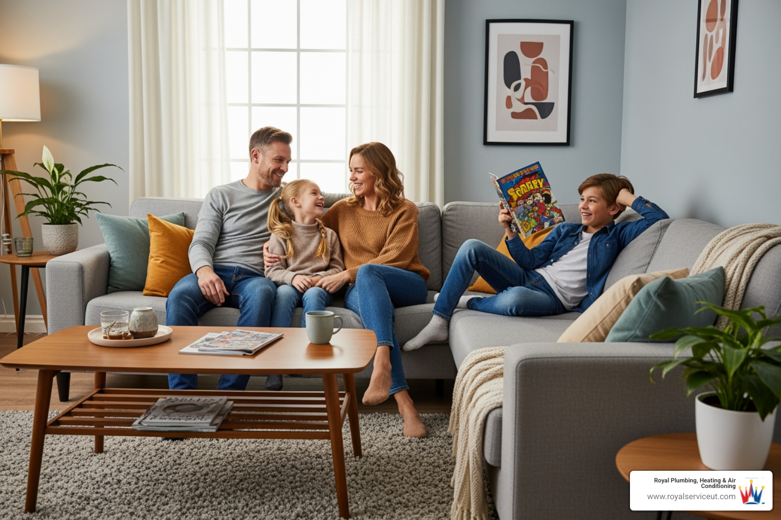 family comfortably relaxing in living room - "I need to schedule heat pump maintenance in West Valley City, UT. Who do you recommend?"