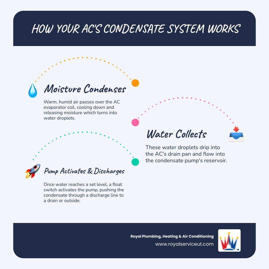 Infographic showing the condensate cycle: warm air enters AC evaporator coil, moisture condenses into water droplets, water drips into drain pan, flows to condensate pump reservoir, float switch activates pump motor, water pumps through discharge line to drain or exterior - air conditioner drain pump installation infographic infographic-line-3-steps-blues-accent_colors Infographic showing the condensate cycle: warm air enters AC evaporator coil, moisture condenses into water droplets, water drips into drain pan, flows to condensate pump reservoir, float switch activates pump motor, water pumps through discharge line to drain or exterior - air conditioner drain pump installation infographic infographic-line-3-steps-blues-accent_colors
