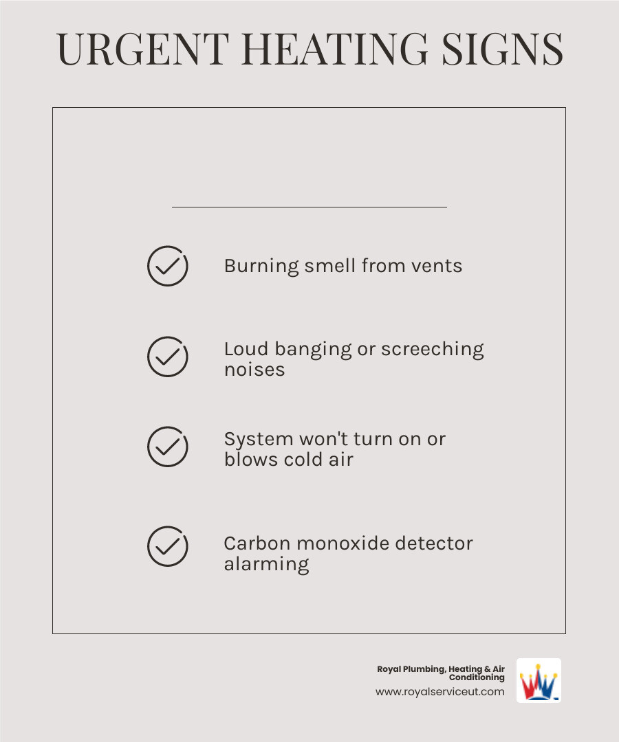 infographic showing 5 warning signs of heating emergency: burning smell from vents, loud banging or screeching noises, system won't turn on or stay on, cold air blowing from registers, and carbon monoxide detector alarming - 24/7 heating repair in centerville, ut infographic checklist-light-beige infographic showing 5 warning signs of heating emergency: burning smell from vents, loud banging or screeching noises, system won't turn on or stay on, cold air blowing from registers, and carbon monoxide detector alarming - 24/7 heating repair in centerville, ut infographic checklist-light-beige