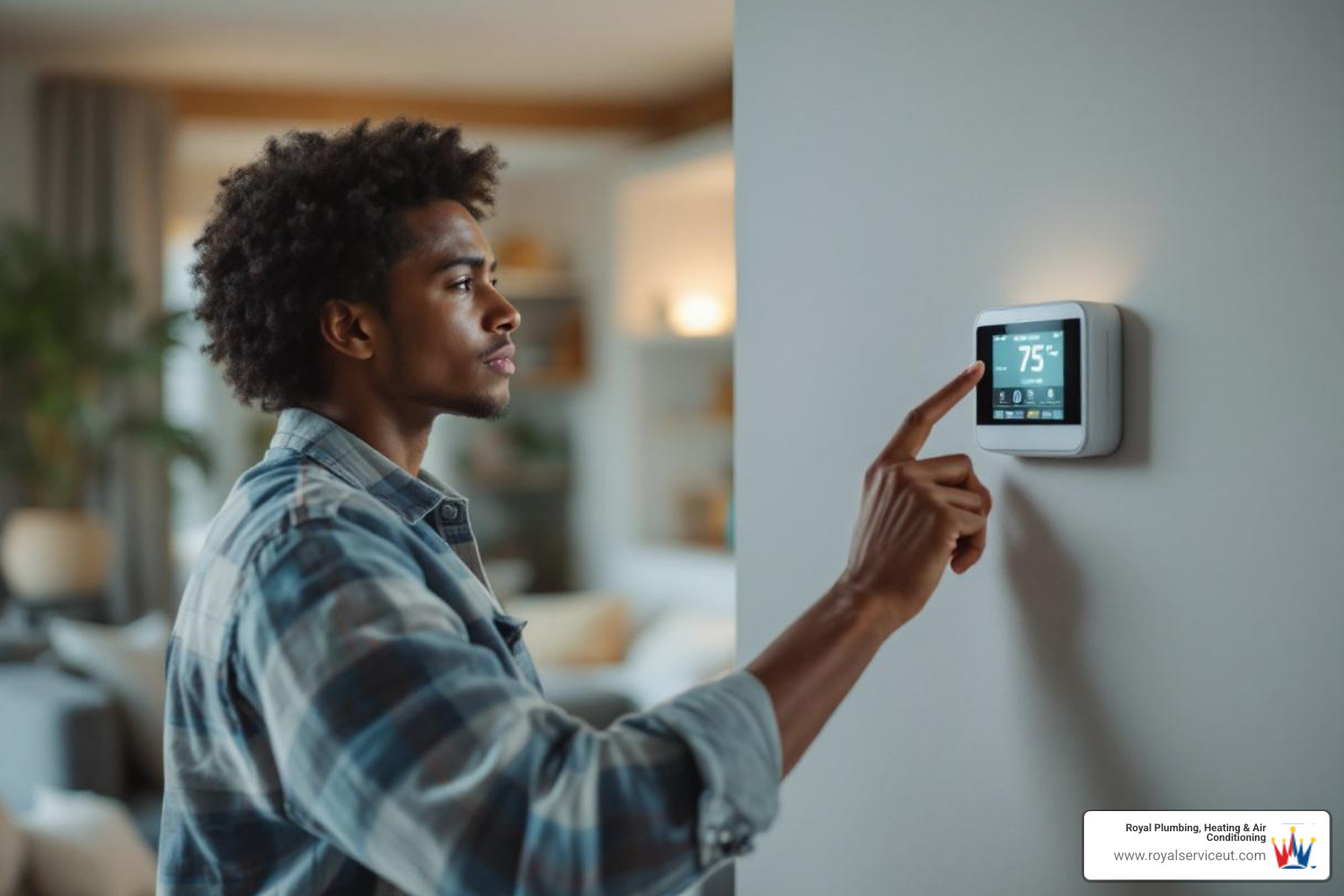 A homeowner looking at their thermostat with concern, indicating a heating issue. - 24/7 heating repair in centerville, ut A homeowner looking at their thermostat with concern, indicating a heating issue. - 24/7 heating repair in centerville, ut